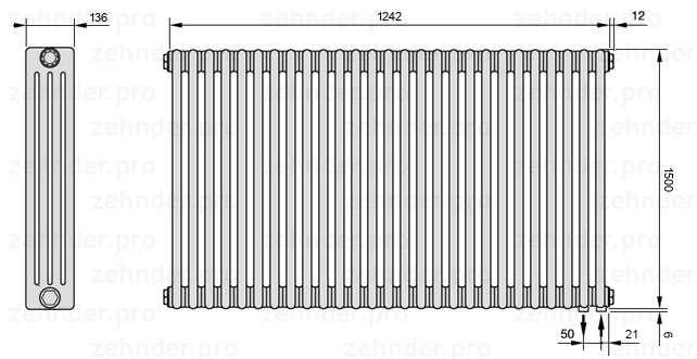 Схема (чертеж) Радиатор Zehnder Charleston 4150/27 №5510 Белый глянцевый RAL 9016